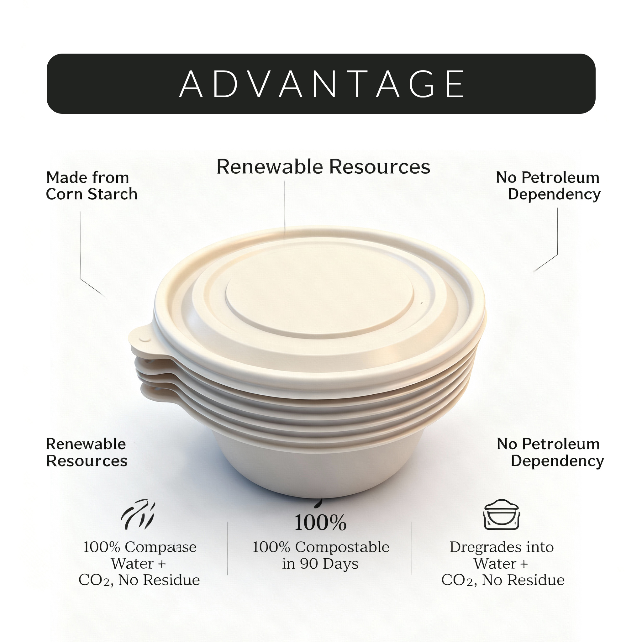 Factory Direct 100% Compostable Biodegradable Corn Starch Disposable Food Container Set Custom Design Leak Proof Microwave Safe