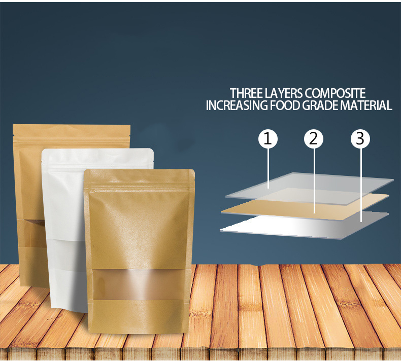 Kraft Paper Stand up Pouch With Window Reclosable Ziplock Food Packaging Bag for Nuts Coffee Tea Snack