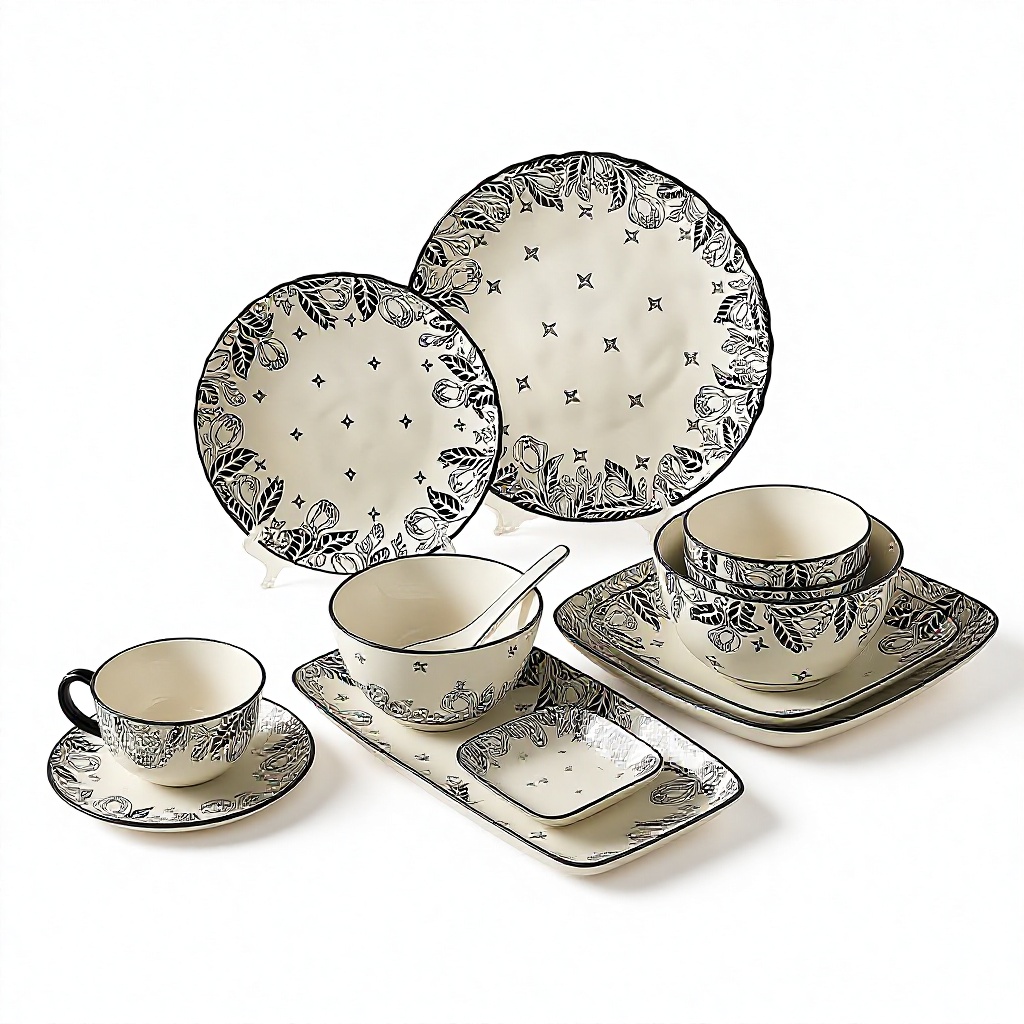 Creative Plant Ethnic Style Ceramic Dinnerware Set Microwave Safe High Quality Bowl Plate Combination Vegetable Salad Bowls