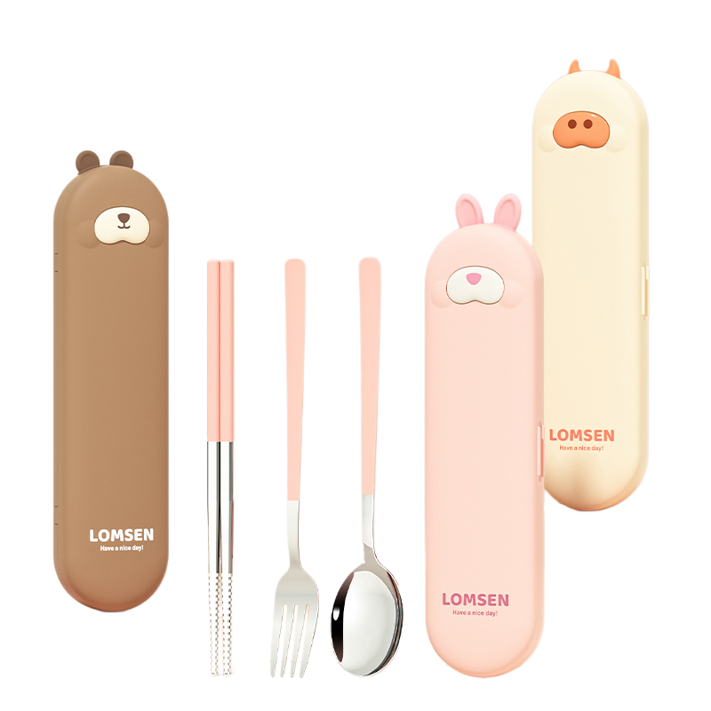Custom Logo Back to School Children Camping Outdoor Reusable Eco-Friendly 304 Stainless Steel Cute Portable Cutlery Set Case