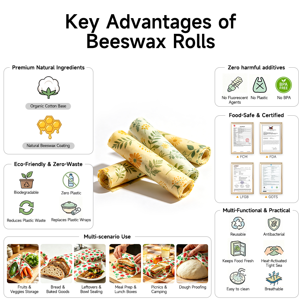 Beeswax Food Wrap Roll Bulk Reusable Beeswax Wrap Organic Cotton Continuous Roll Natural Kitchen Storage Wrap Biodegradable