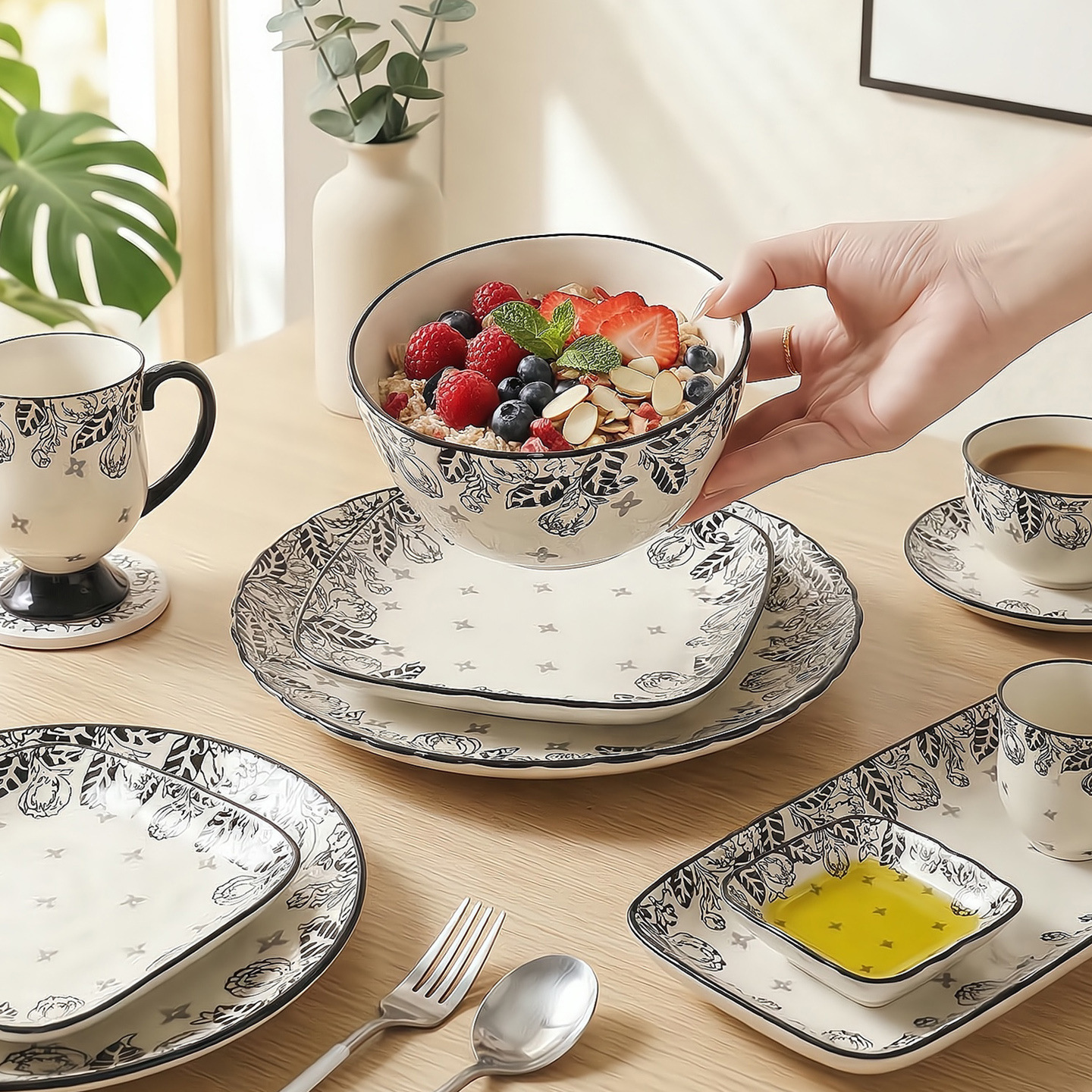 Creative Plant Ethnic Style Ceramic Dinnerware Set Microwave Safe High Quality Bowl Plate Combination Vegetable Salad Bowls