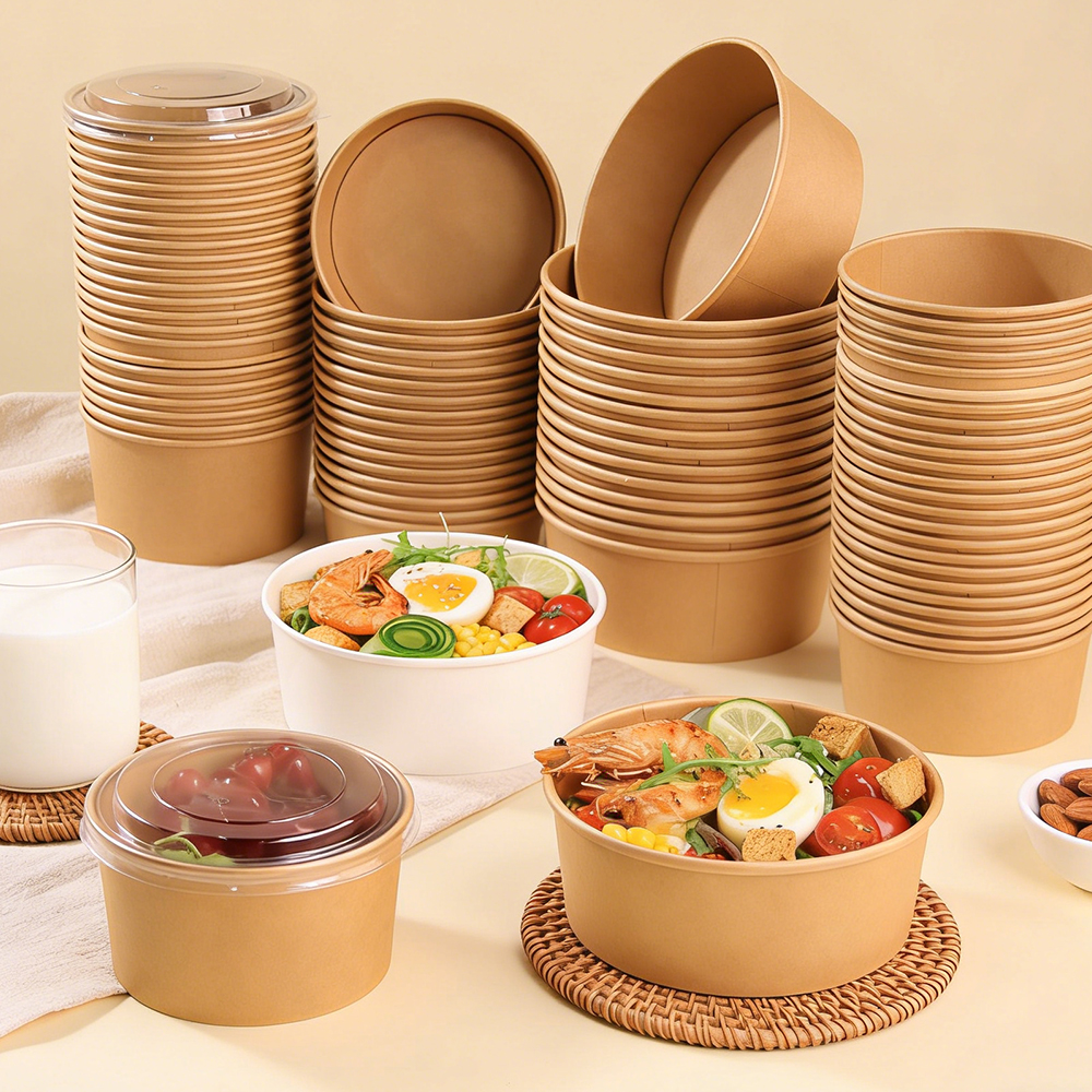 900ml Hot Selling Kraft Paper Bowl with Lid Food Grade Take Away Packaging Container Biodegradable Food Packaging