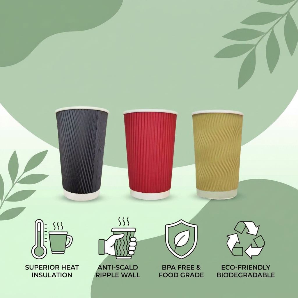 Ripple Wall Disposable Paper Coffee Cups 8oz 12oz 2 Sizes, Burgundy &amp; Khaki 25Pcs/Bag No Lid
