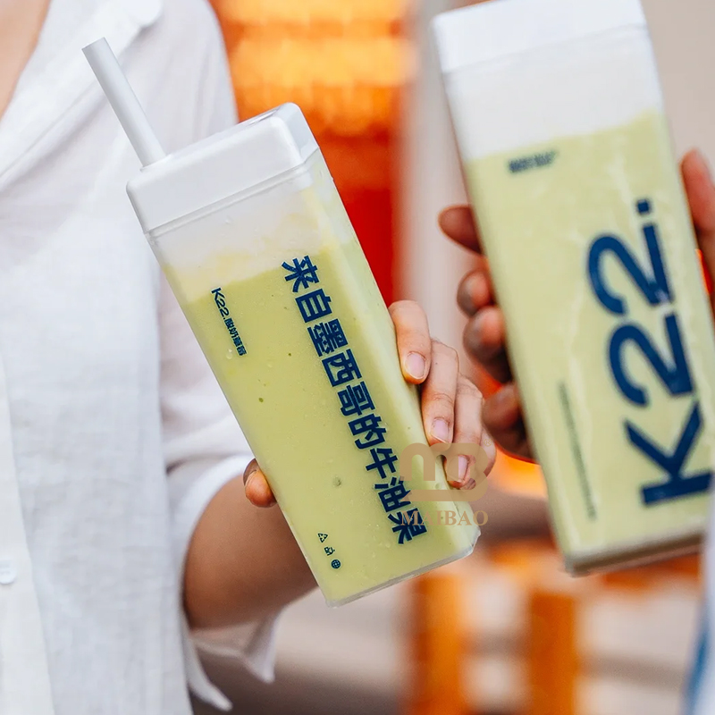 Custom Eco Recyclable Disposable Takeout PP Clear Rectangle Cold Drink Boba Fruit Tea Yoghurt Slush Square Plastic Cup With Lid
