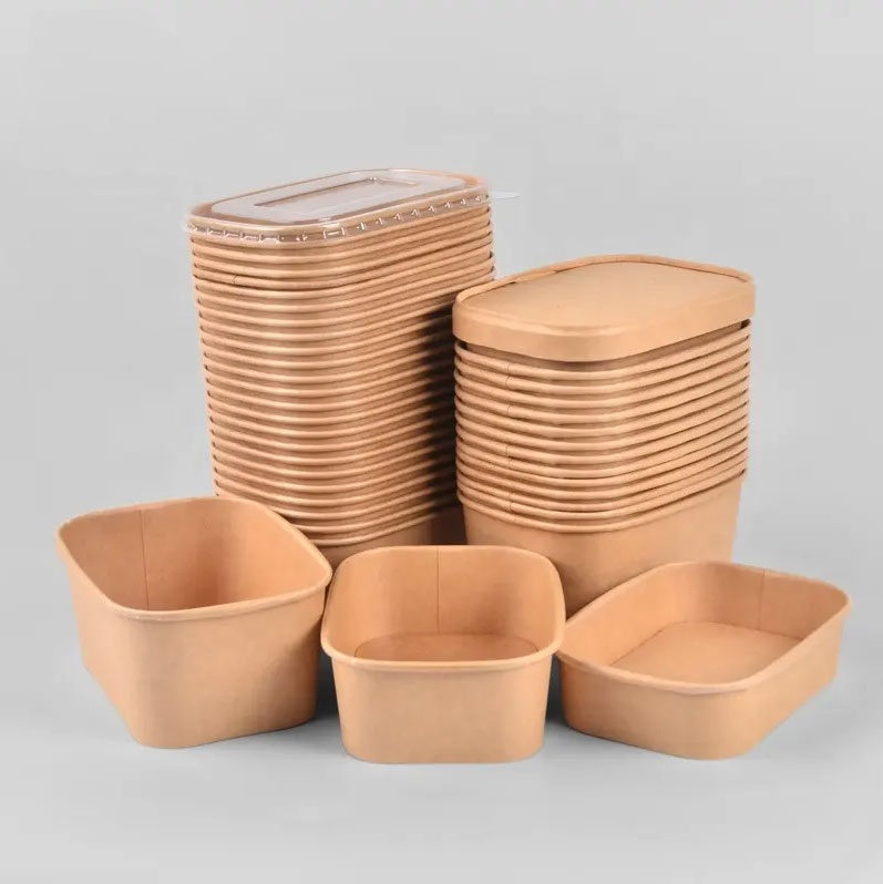 500ml 650ml 750ml 1000ml Food Grade Biodegradable Disposable Rectangle Brown Kraft Paper Food Container With PP Lid