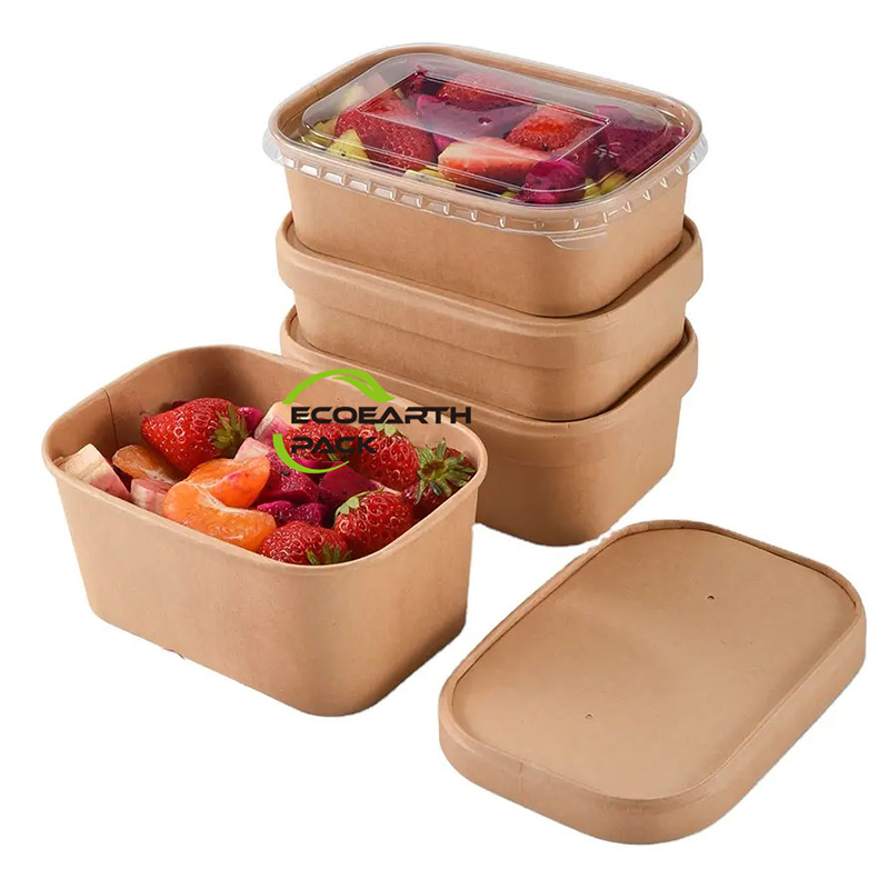 500ml 650ml 750ml 1000ml Food Grade Biodegradable Disposable Rectangle Brown Kraft Paper Food Container With PP Lid