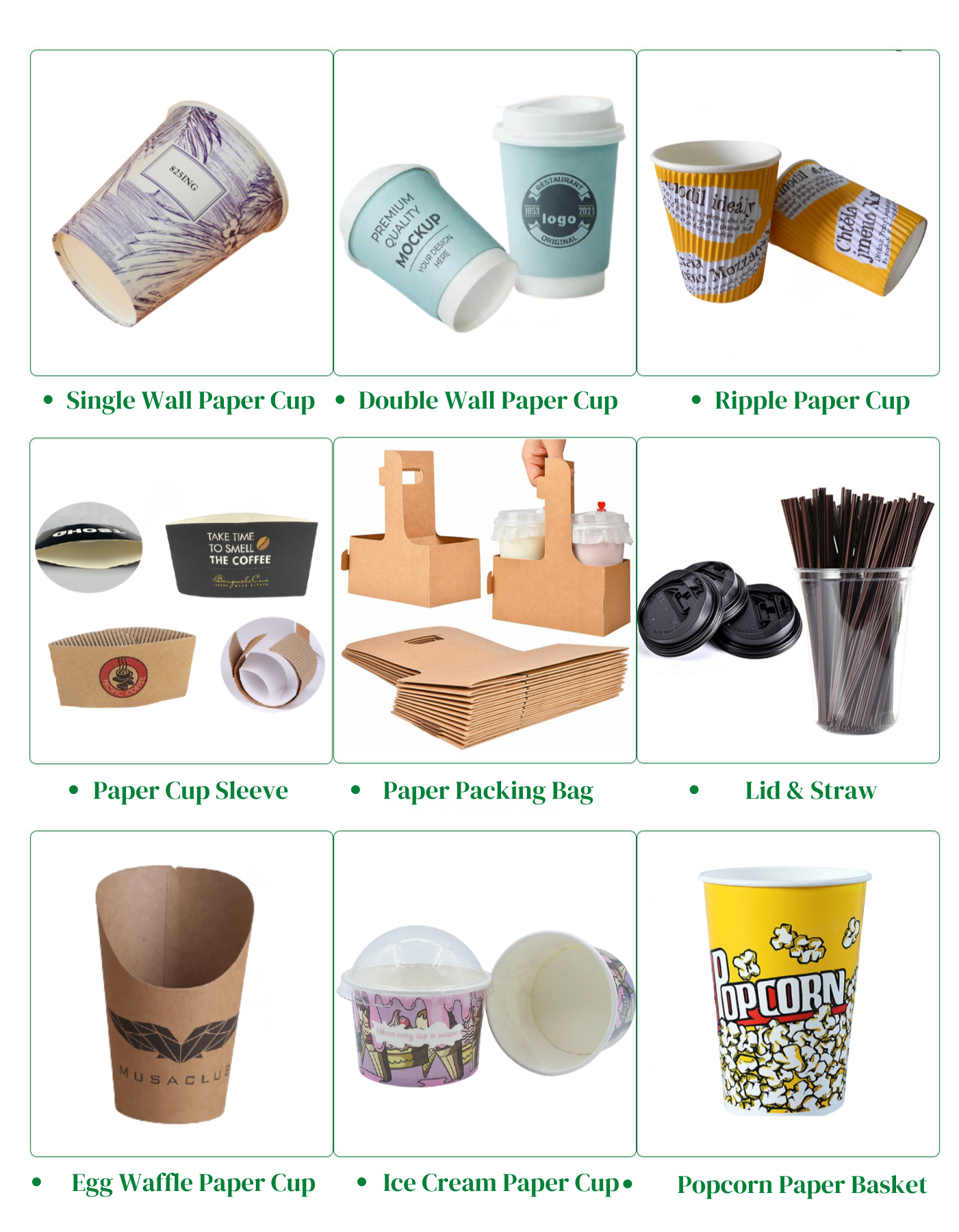 Various single wall, double wall, ripple paper cups and lids accessories