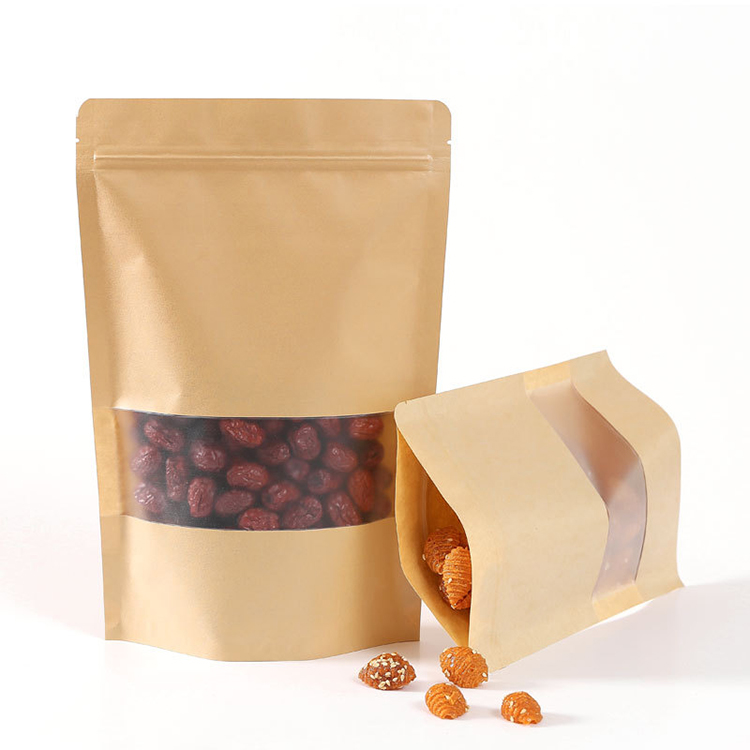 Kraft Paper Stand up Pouch With Window Reclosable Ziplock Food Packaging Bag for Nuts Coffee Tea Snack
