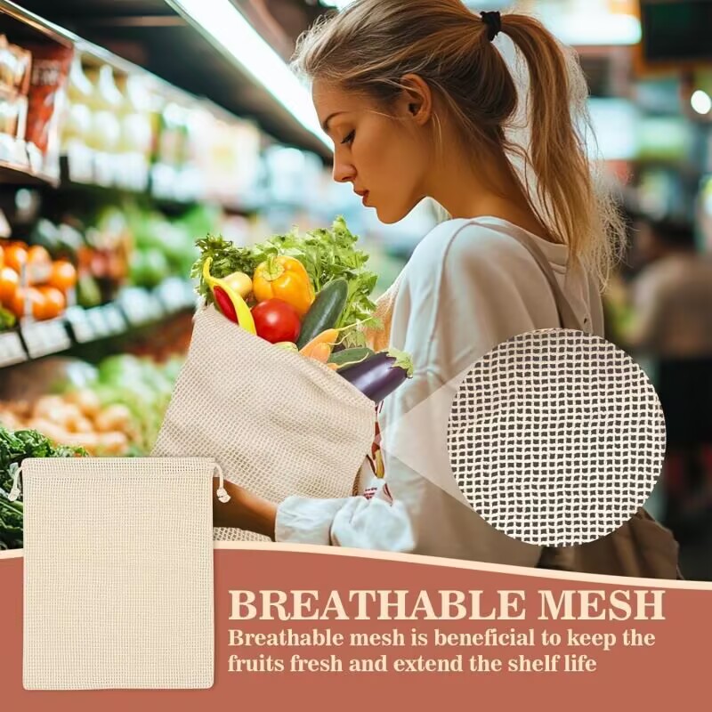 Premium Cotton Mesh Bag Reusable Washable Produce Bag for Home Fruit Vegetable Toy Storage Eco Friendly Custom Logo Wholesale