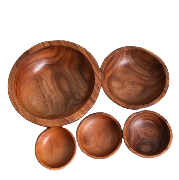 Hot Sale Factory Direct Eco-friendly Acacia Wooden Salad &amp; Soup Bowls Deep Dish with Plant Pattern Direct Price