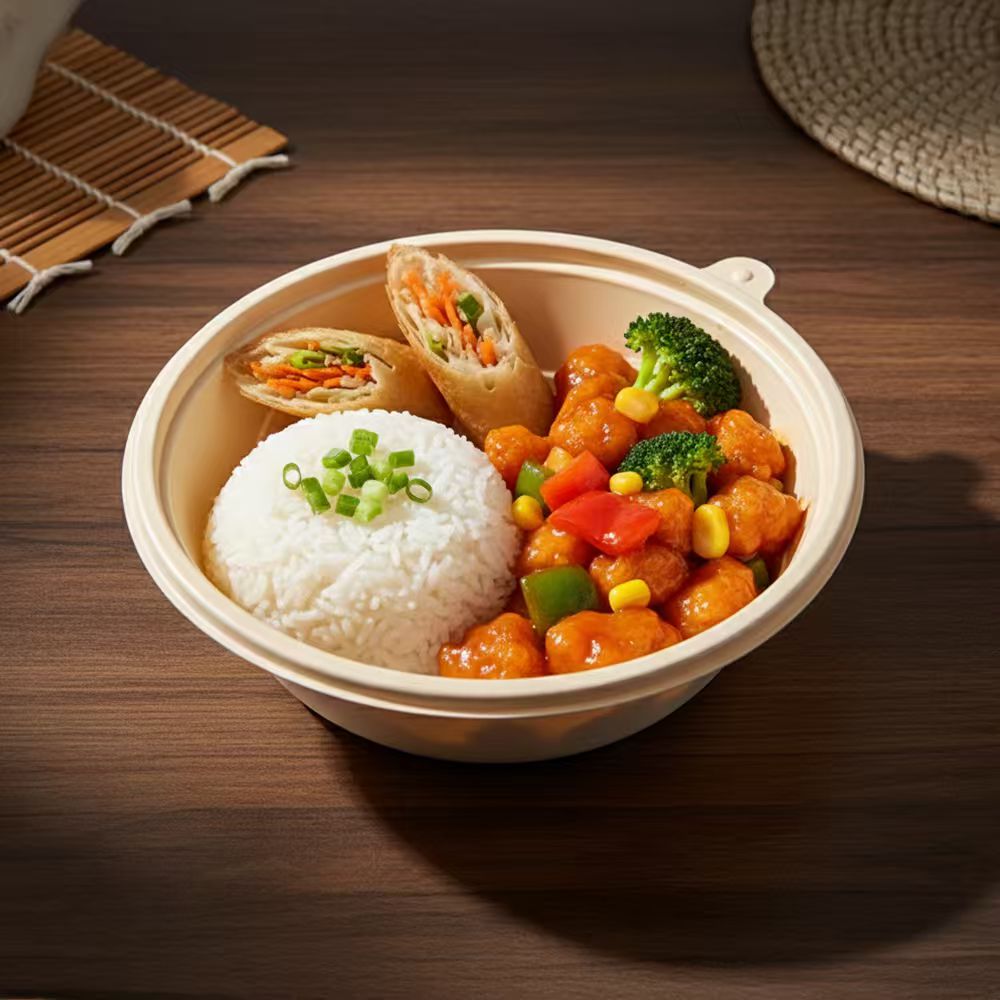 Eco-friendly 19.5cm Biodegradable Corn Starch Food Container, Microwavable Disposable Lunch Box for Takeaway Catering
