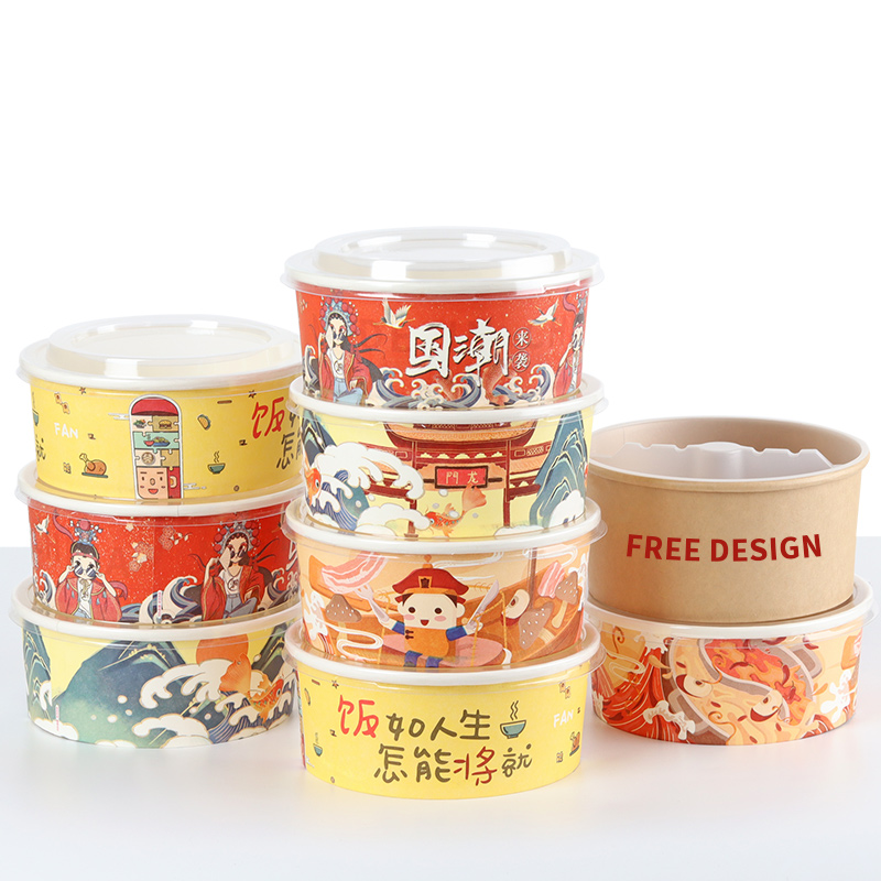 Disposable Packaging Round Paper Bowl Customization Food Grade Take Away Craft White Salad Paper Bowl With Lid