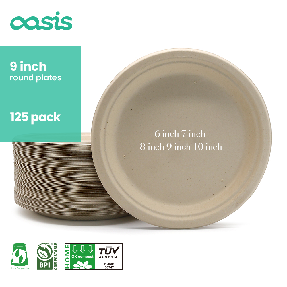 Oasis Customizable 6/7/9/10 Inch Disposable Sugarcane Plate Modern Bagasse Biodegradable Natural/White Compostable Plate