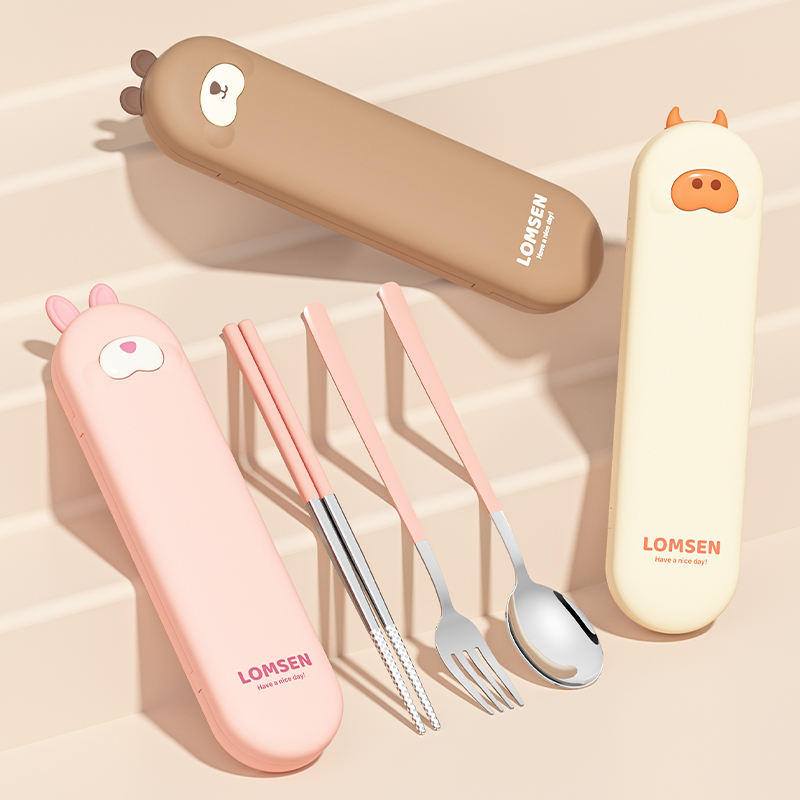 Custom Logo Back to School Children Camping Outdoor Reusable Eco-Friendly 304 Stainless Steel Cute Portable Cutlery Set Case
