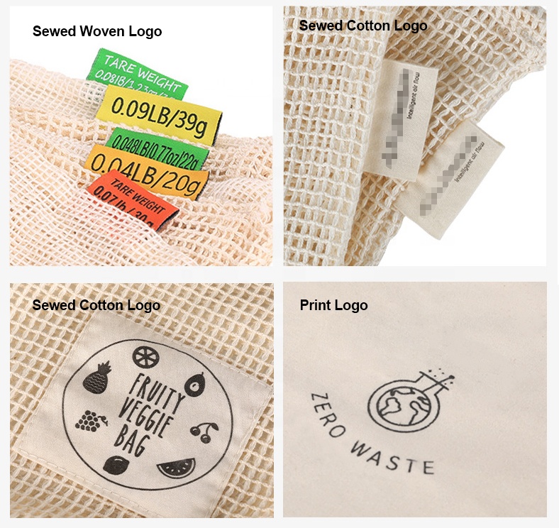 Logo Custom Printing Produce Cotton Mesh Bags with Drawstring Washable Reusable Mesh Net Recyclable Eco Friendly Biodegradable
