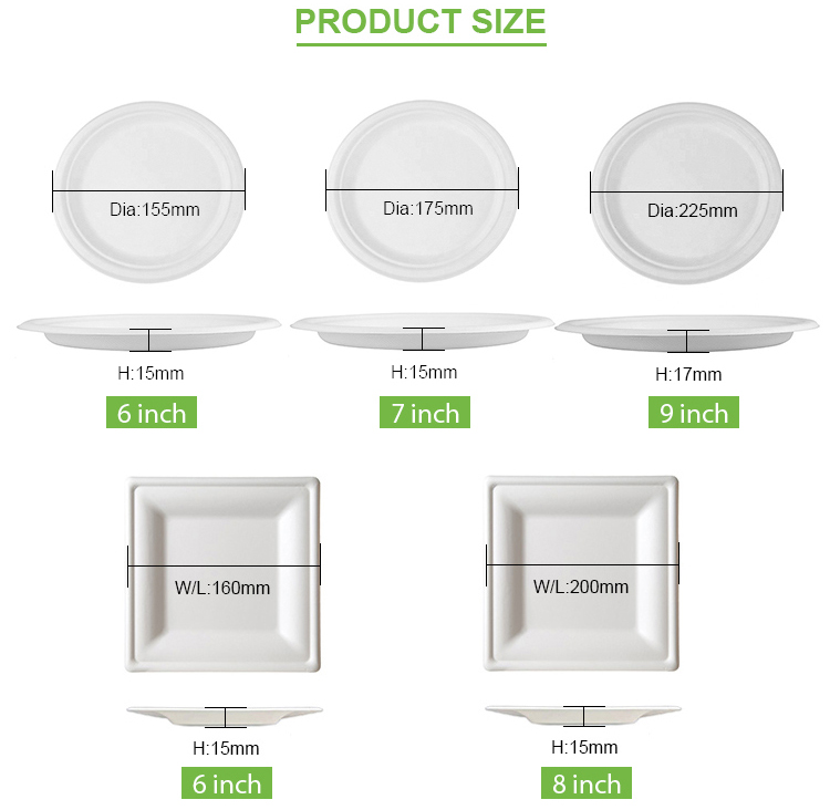 Compostable Portable Disposable Pulp Durable Sugarcane Bagasse Plate Round