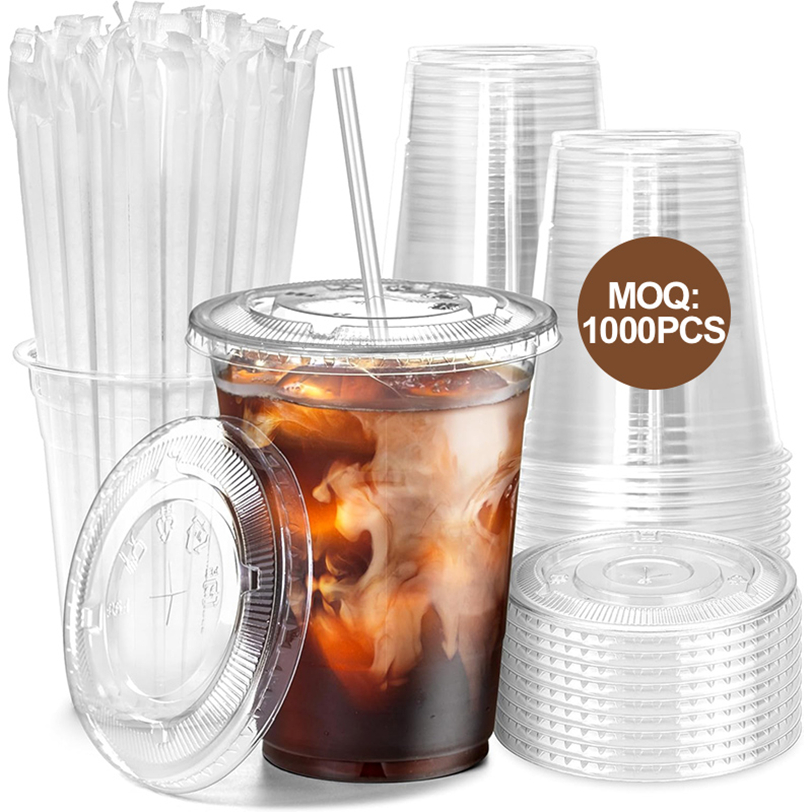 Custom Logo Clear Disposable Single Wall PET Plastic Cups 90mm Diameter 12oz 16oz 22oz 32oz For Iced Coffee Juice Cold Drinks