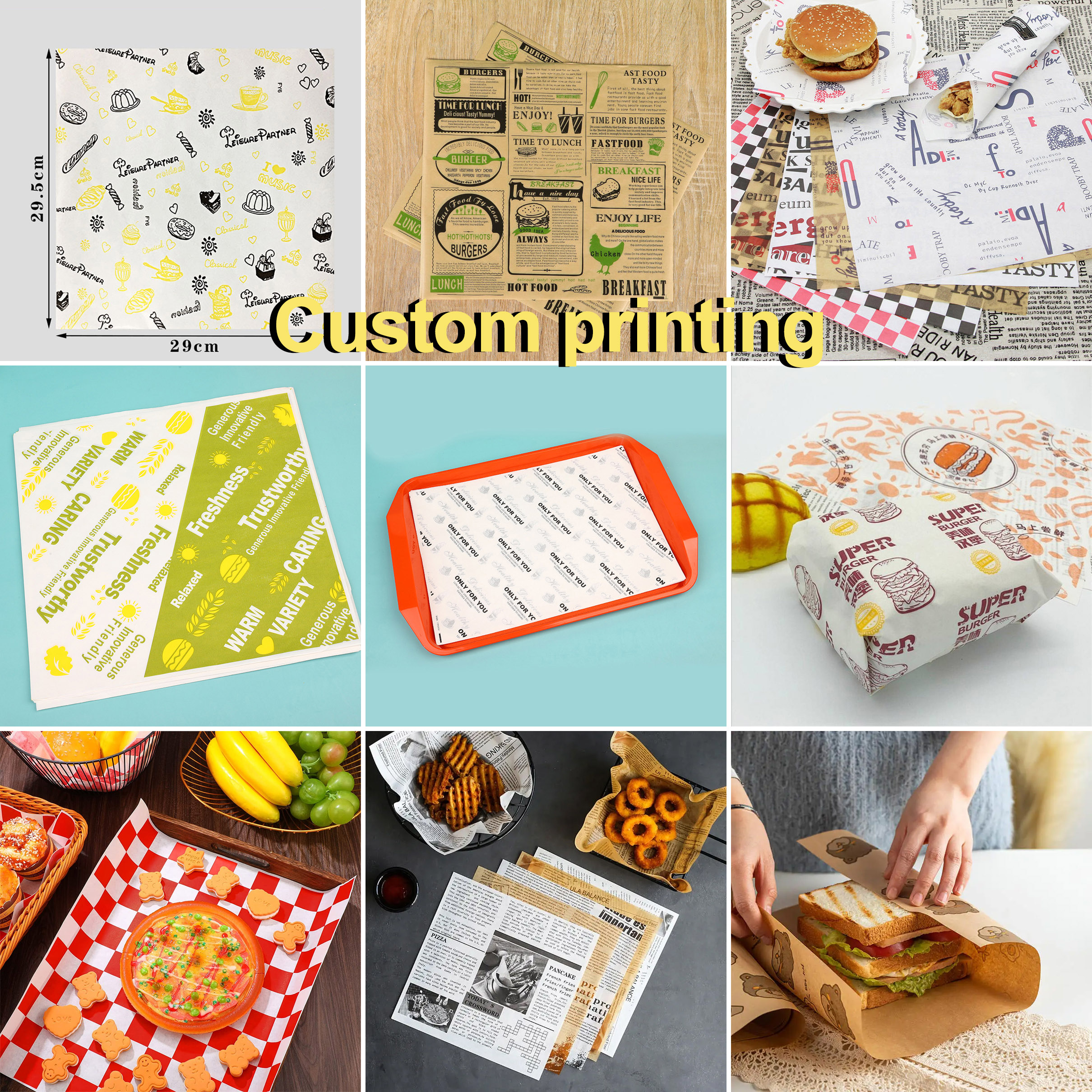 Wax Paper Greaseproof Custom logo Paper Sandwich Food Wrap Wrapping Restaurant Printed logo Burger Paper