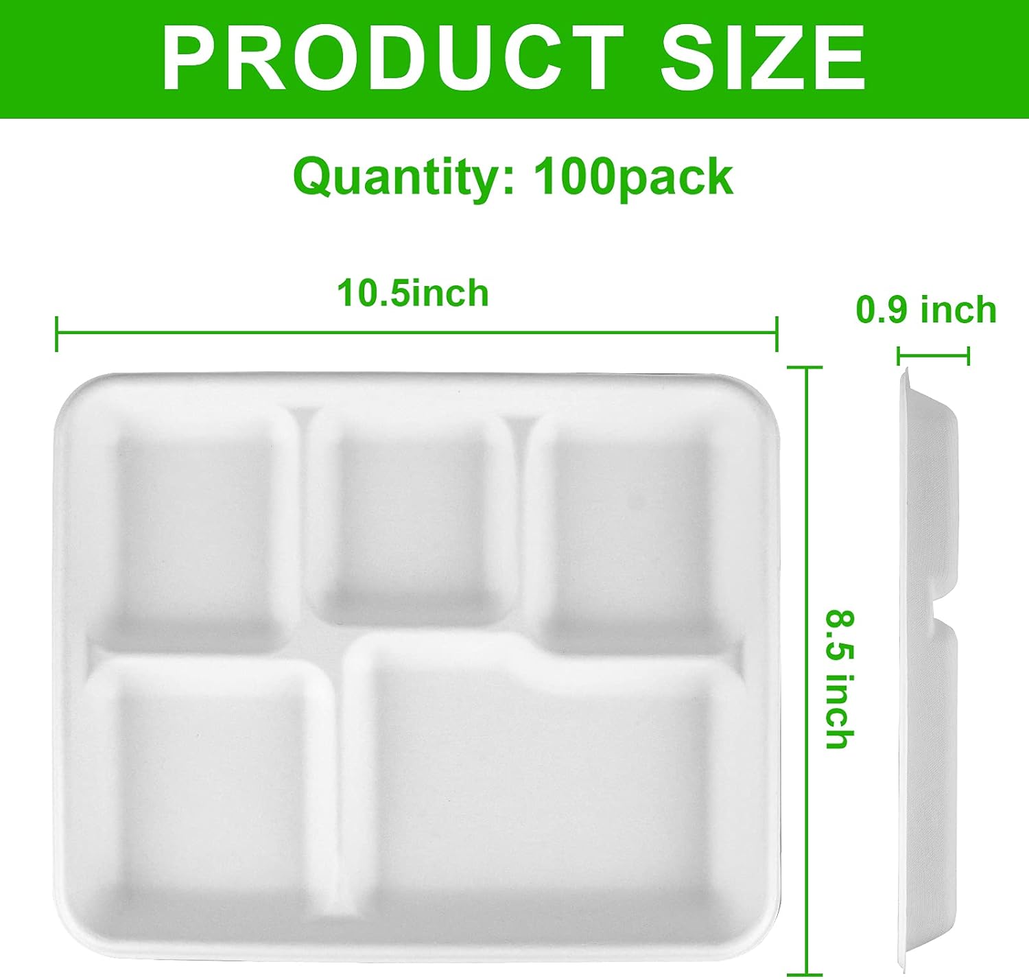 100% Natural Eco Friendly Disposable Biodegradable &amp; Compostable Sugarcane Bagasse Paper Pulp Takeout 5 Compartment Plate