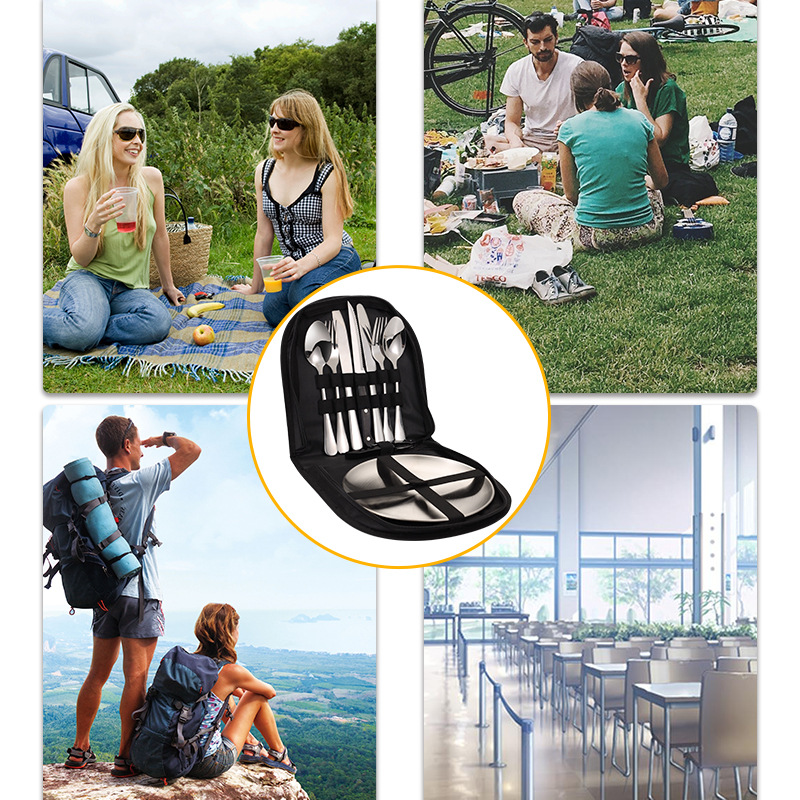 Outdoor Stainless Steel Plates Dinnerware Camping Fork Spoon Knife Opener Eco-Friendly Back to School Cutlery Set with Pack Case