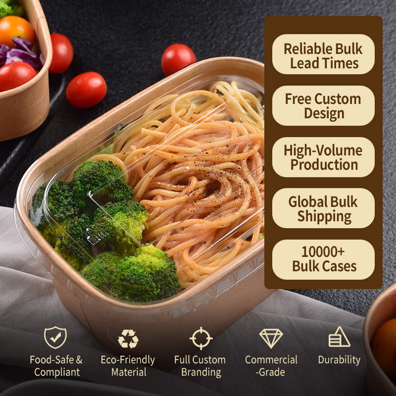 SenAng Compostable Square Kraft Paper Salad Bowl Plant-Based with Snap-On PET Lid Disposable Meal Kit Packaging for US Importer
