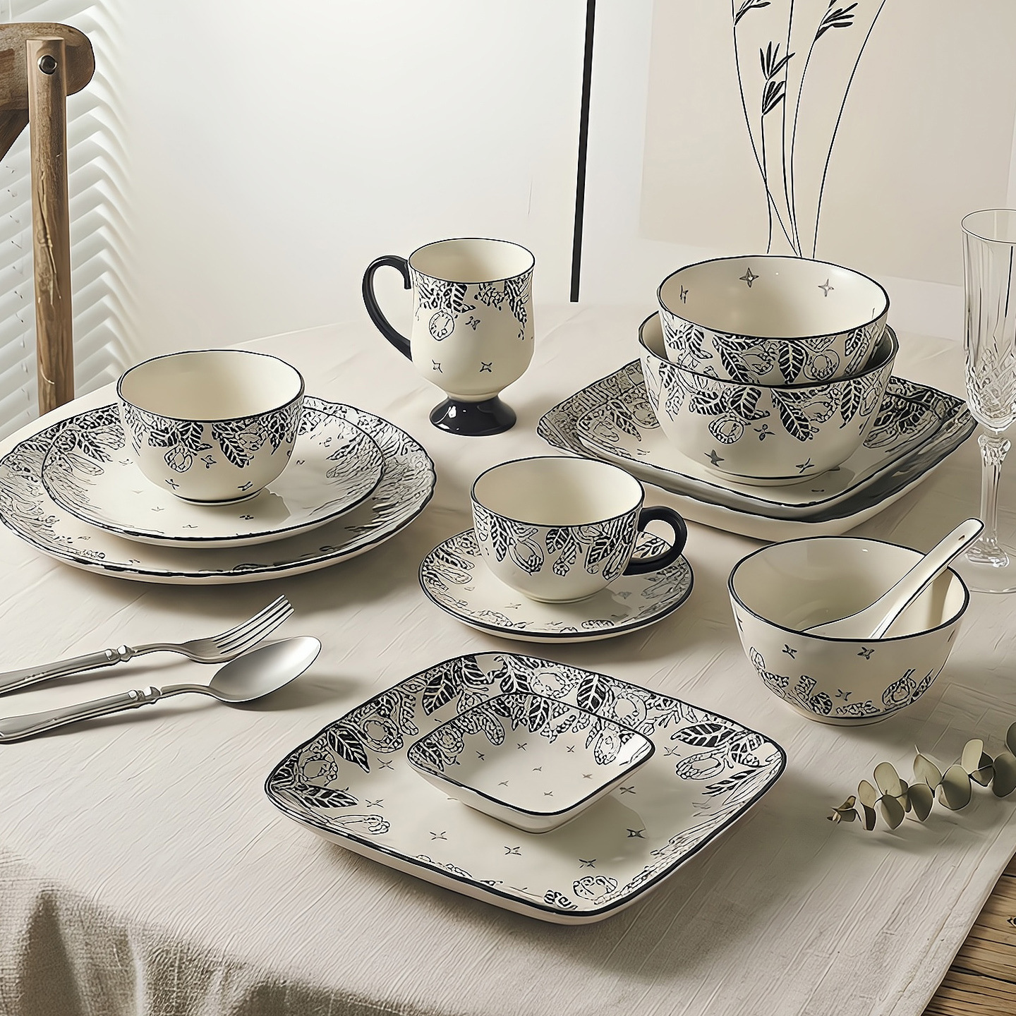 Creative Plant Ethnic Style Ceramic Dinnerware Set Microwave Safe High Quality Bowl Plate Combination Vegetable Salad Bowls