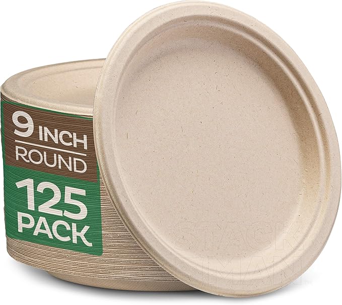 100% Compostable Eco-Friendly 125pcs Disposable 9 Inch Sugarcane Bagasse Plates Natural Unbleached Biodegradable Plate Per Bag