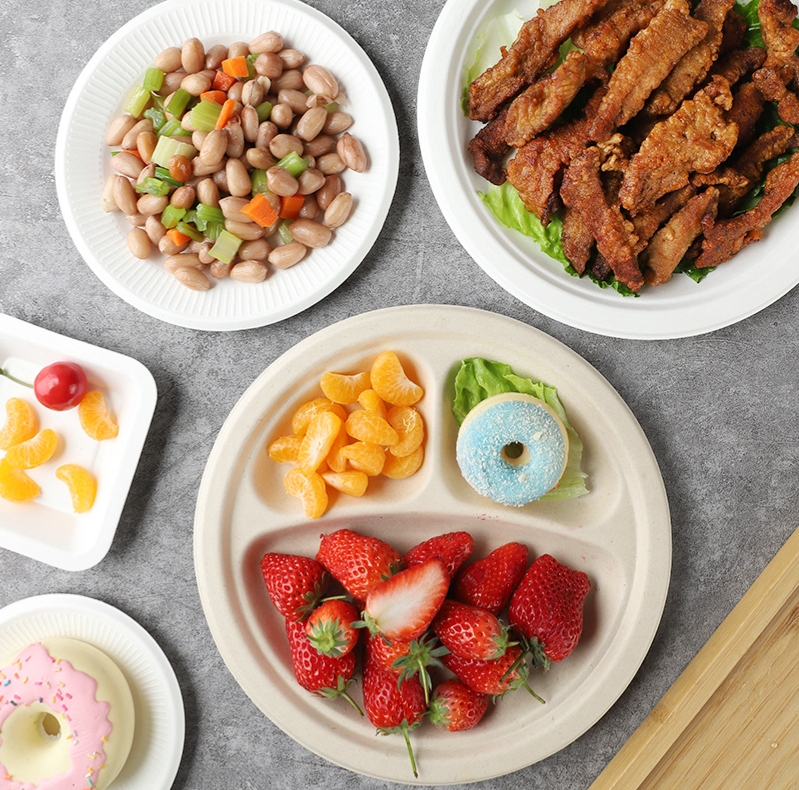 Eco-Friendly Plant-Based Compostable Sugarcane Bagasse Fiber Pulp Disposable Tableware Salad Bowls Plates Paper Tray Packaging