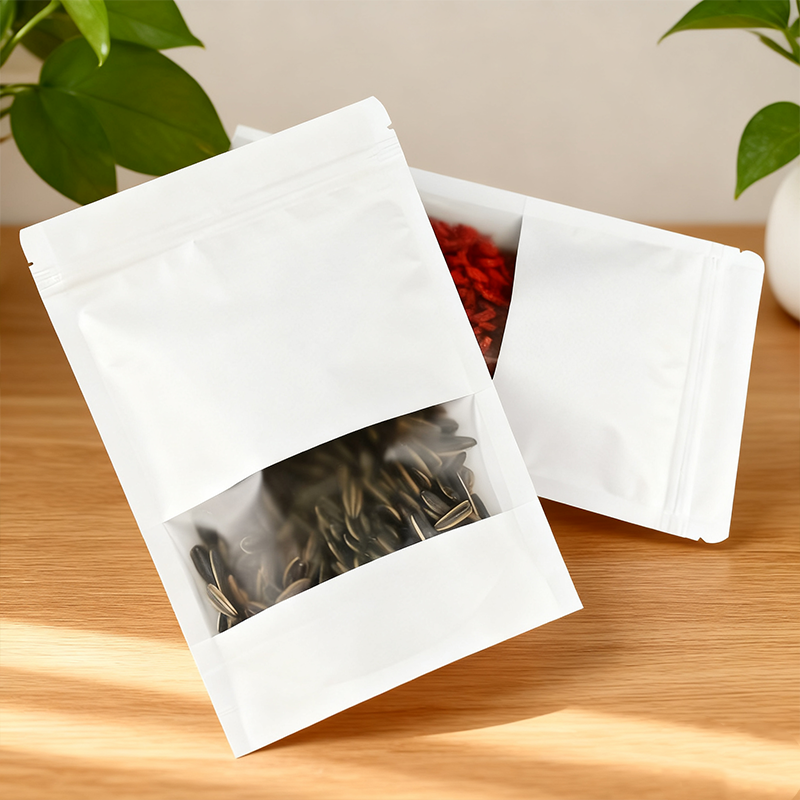 Factory Custom Printed Logo White Kraft Paper Stand up Pouch With Window, Resealable for Food Snack Wholesale Food Packaging Bag