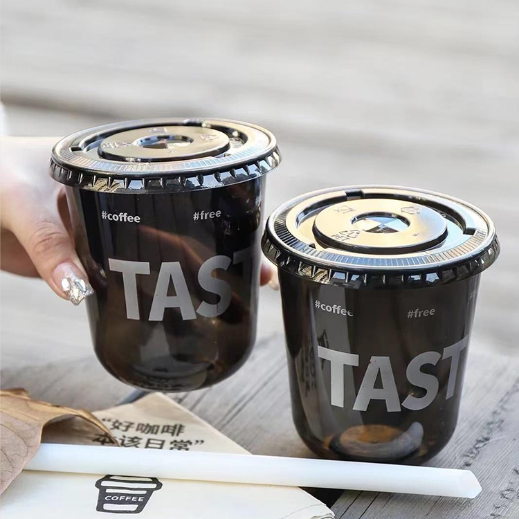 Eco Friendly Cold Beverage Black Pet U Shape Cup With Lid For Ice Coffee Disposable Juice Cups Milk Tea Plastic Cup With Logo