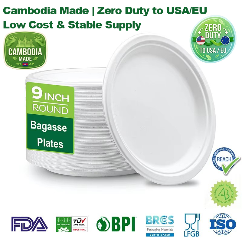 9inch Compostable Sugarcane Paper Plates Disposable Bagasse Plate Custom Biodegradable Plate PFAS-Free Made in Cambodia DutyFree