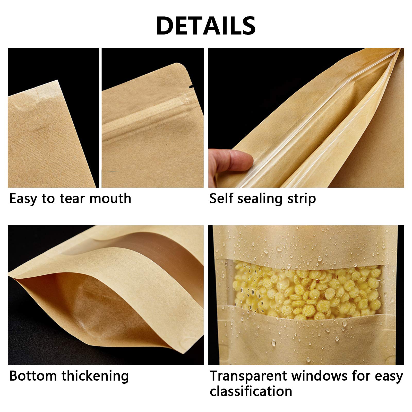 Paper Stand-up Pouches Flat Bottom Ziplock Craft Food Packaging Sack Packets Zipper Frosted Matte Window Kraft Paper Bag