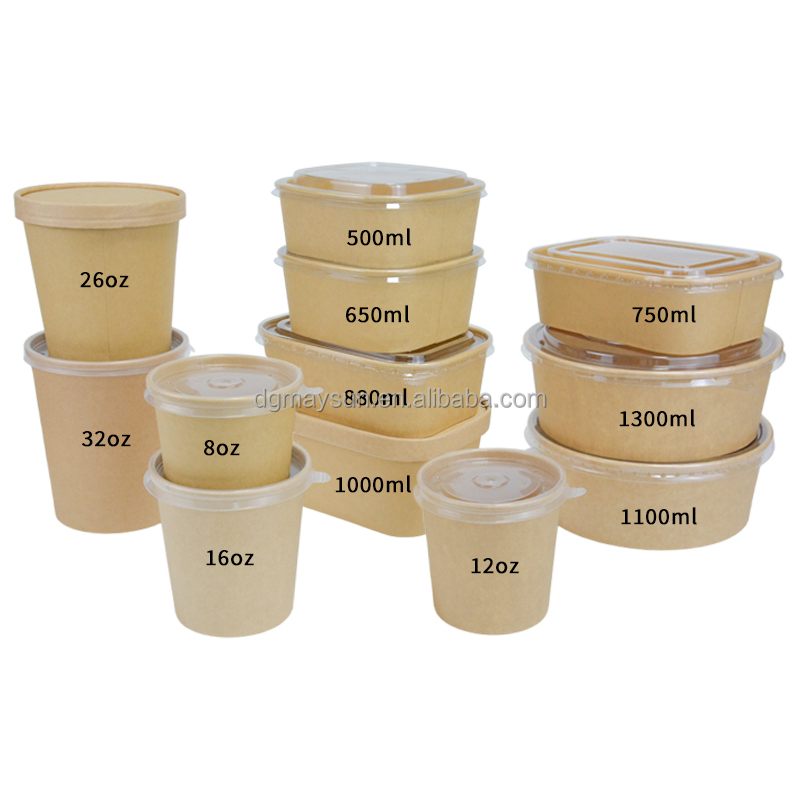 Disposable Round Paper Soup Bowl Rectangle Paper Food Container 750ML Biodegradable Take Away Kraft Paper Salad Bowl