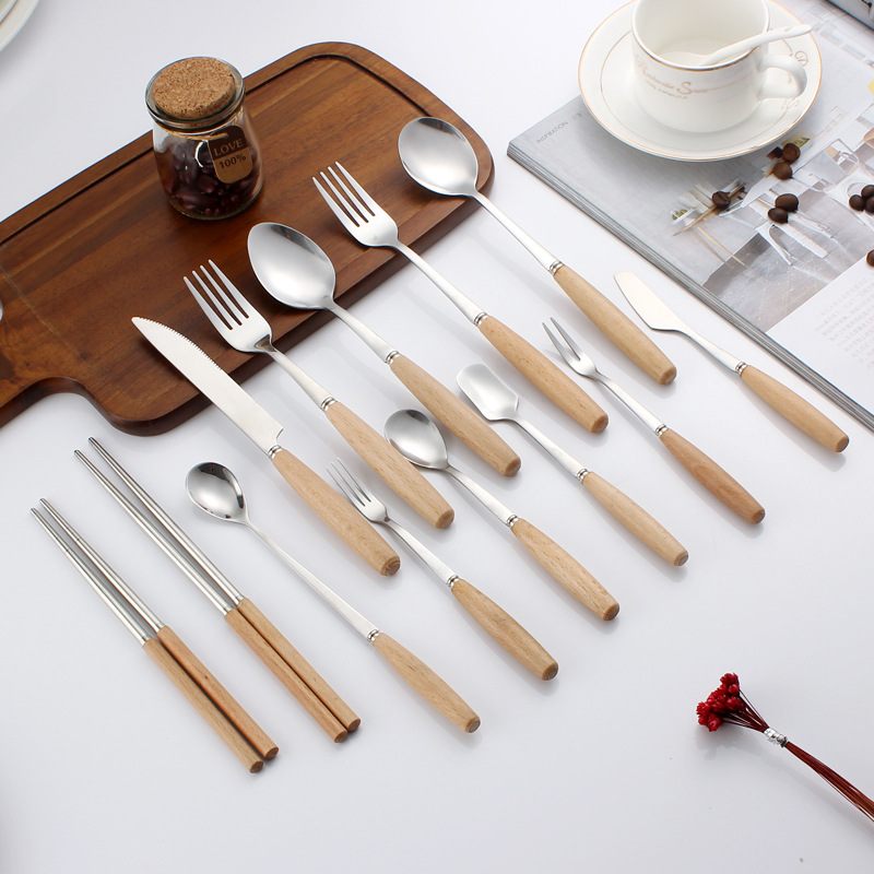 Eco-Friendly Eec Certified Reusable Stainless Steel Cutlery Set Mirror Polished Fork Knife Spoon Parties Casual Use Wooden