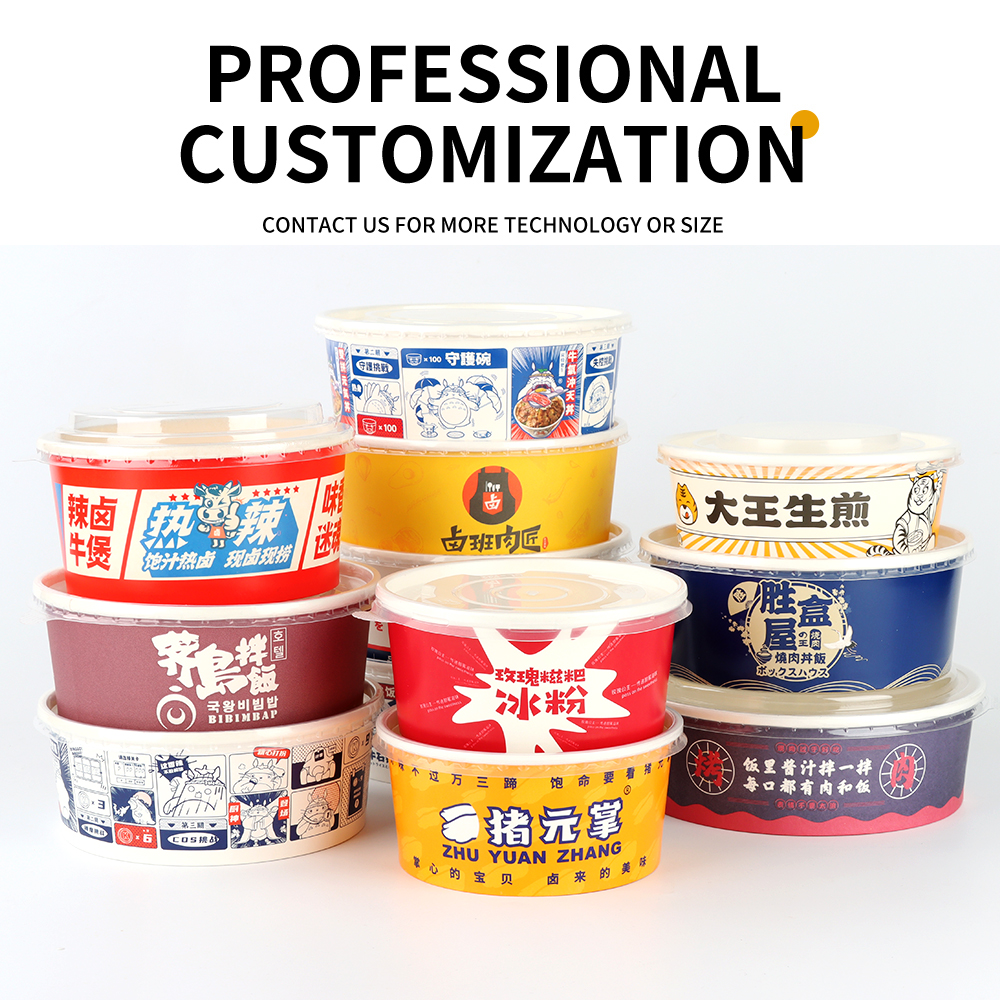 Disposable Custom Logo Printed Lunch Takeaway Fast Food Bowl Take Away Salad Bowl Kraft Paper Salad Bowls With Lids