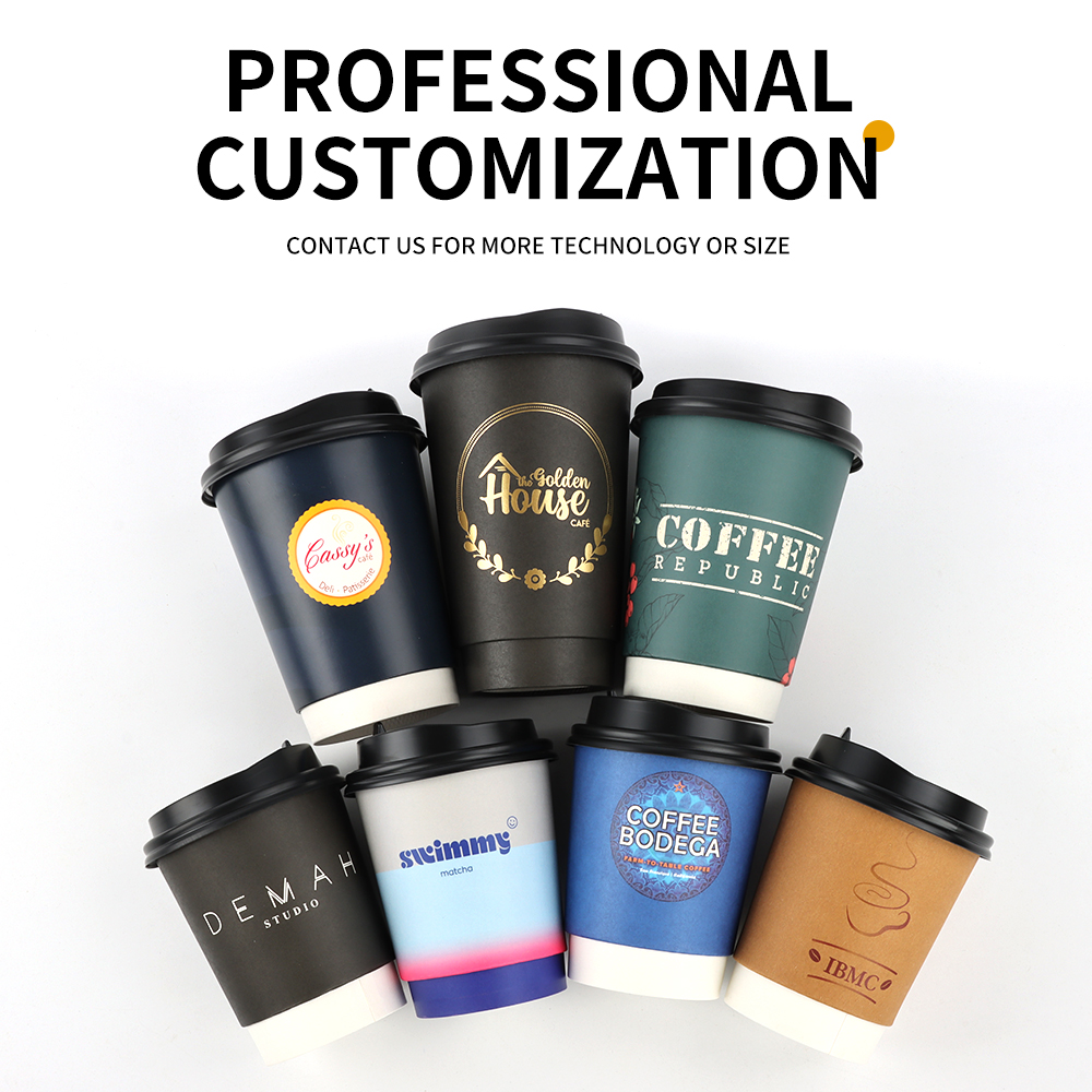 4oz 8oz 12oz Disposable Double Wall Gold Foil Stamping Custom logo All Black Hot Coffee Paper Cup with PS Lid