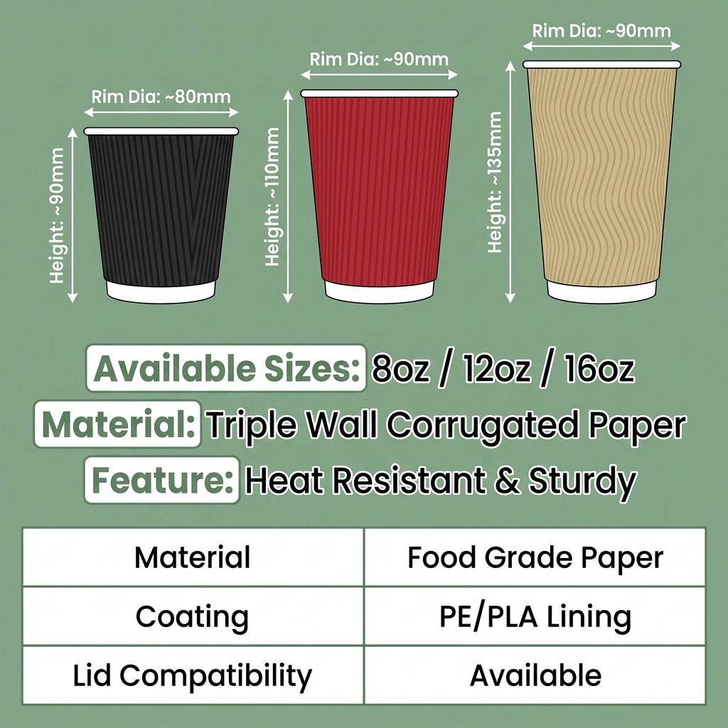 Ripple Wall Disposable Paper Coffee Cups 8oz 12oz 2 Sizes, Burgundy &amp; Khaki 25Pcs/Bag No Lid