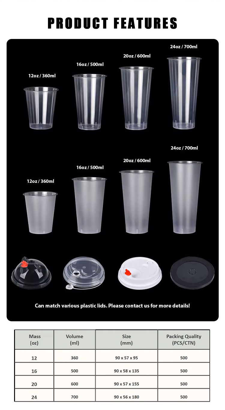 Printing LOGO Plastic PP Pet Cup Caliber 360ml 500ml 700ml Transparent Clear Plastic Cups Bubble Tea Cup With Lid and Straw