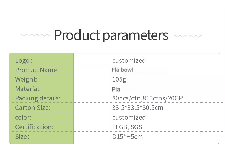 PLA Bowl Specification Dimensions