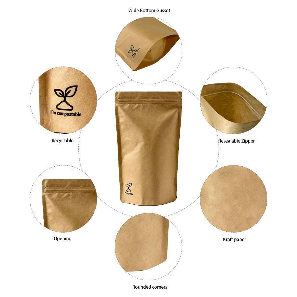 Custom Eco Compostable Pla Biodegradable Resealable Zipper Craft Kraft Paper Bags For Food Packaging