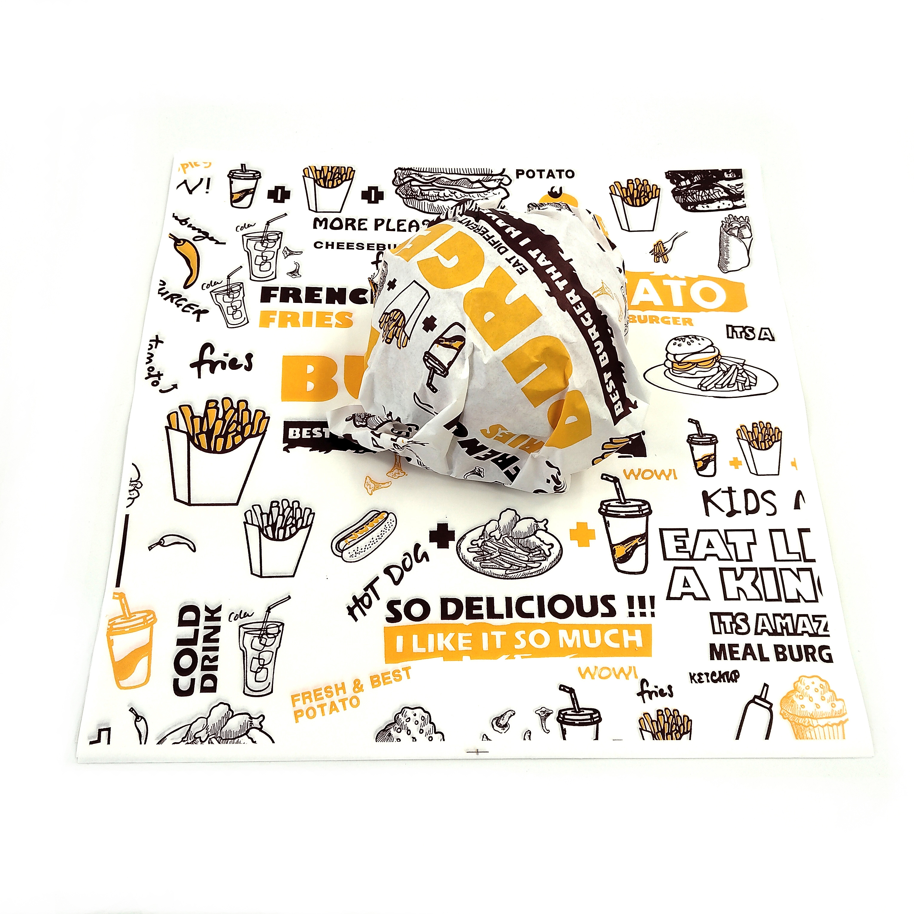 Custom Printed Waterproof Wax Food Wrapping Paper Greaseproof Sandwich Burger Packaging Sheets Fast Food Restaurant Takeaway