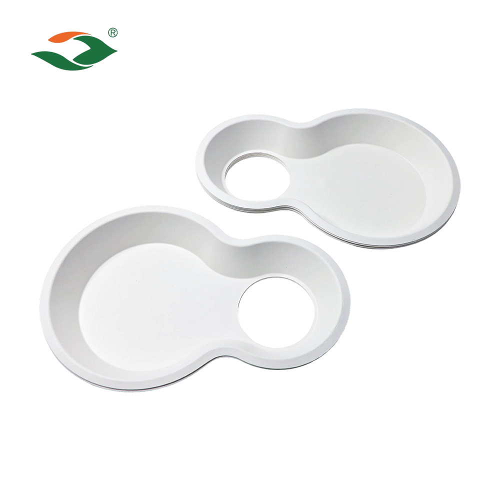 Heavy-Duty Compostable 2 Compartments Food Coffee Drink Tray Bagasse Cup Holder Tray Sugarcane Brunch Tray with Cup Holder