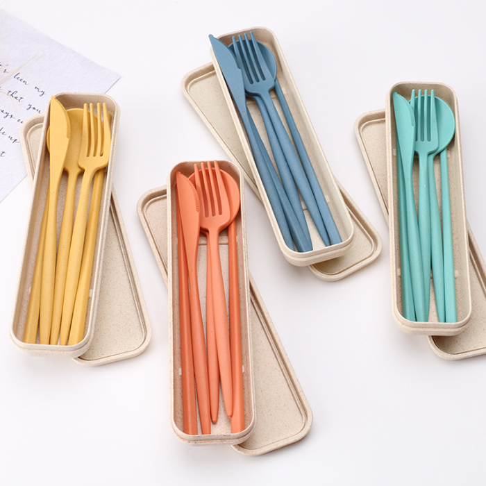 Portable Eco-Friendly Cutlery Flatware Set Modern Design Wheat Straw Fork Knife Spoon for Outdoor and Back to School