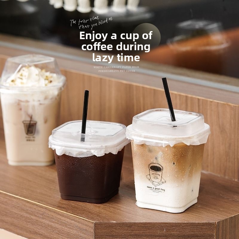 Modern Ins-style Disposable Square Cold Drink Coffee Latte American Lemon Tea Plastic Cup Thickened High-transparency PET