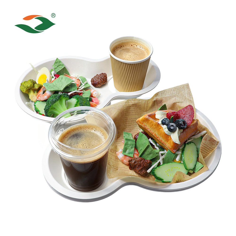Heavy-Duty Compostable 2 Compartments Food Coffee Drink Tray Bagasse Cup Holder Tray Sugarcane Brunch Tray with Cup Holder