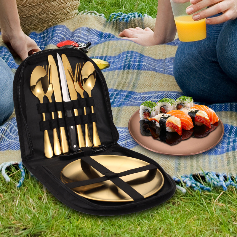 Outdoor Stainless Steel Plates Dinnerware Camping Fork Spoon Knife Opener Eco-Friendly Back to School Cutlery Set with Pack Case