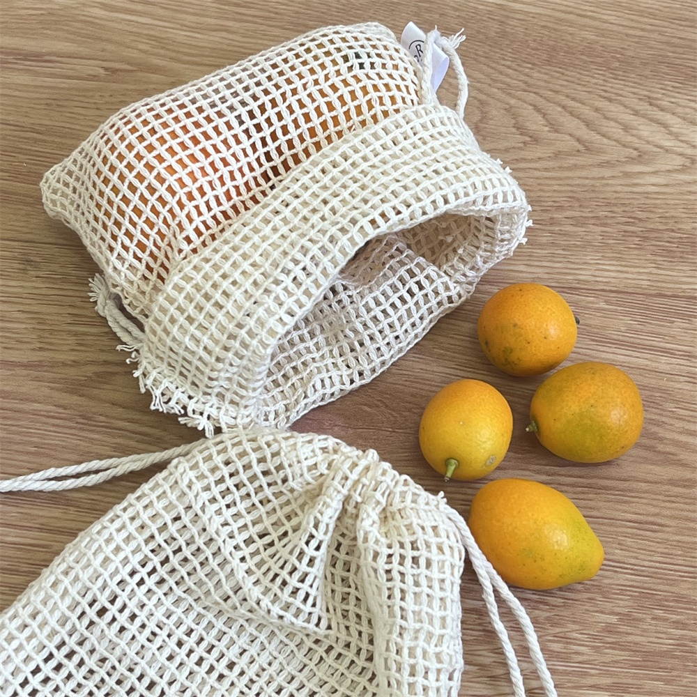 CH Reusable Grocery Cotton String Drawstring Bags With Label Mesh Produce Fruit Vegetable Storage Net Bags Cotton Mesh Bag