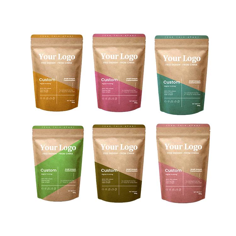 Custom Printed Brown Doypack Bag Spices Resealable Nut Zipper Standard Pla Kraft Paper Stand Up Pouch