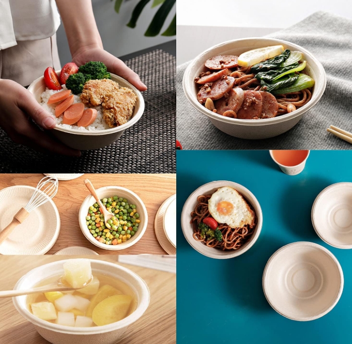 Eco-Friendly Plant-Based Compostable Sugarcane Bagasse Fiber Pulp Disposable Tableware Salad Bowls Plates Paper Tray Packaging